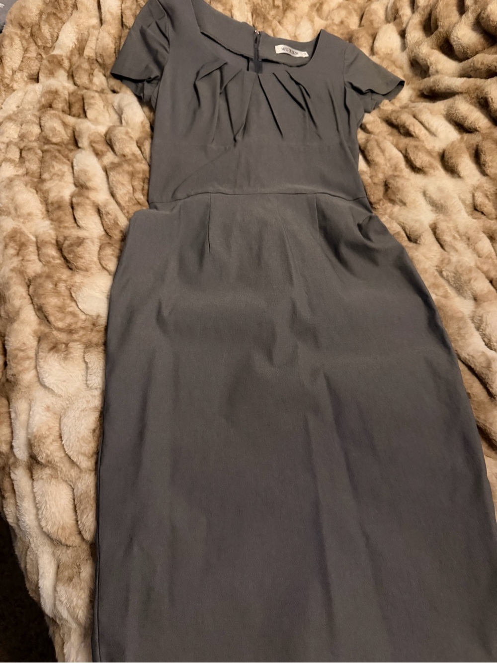 Classic Gray Midi Sheath Dress with Pleated Neckline
